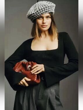 Anthropologie-Square-Neck Bell Sleeve Sweater, Black, 20in Bust (XL)